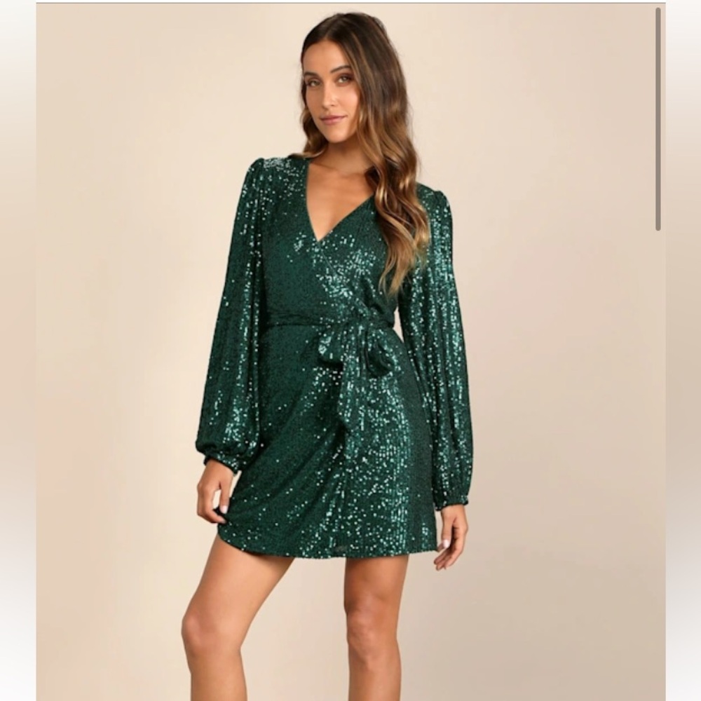 Lulus Sparkly Darling Emerald Green Sequin Long Sleeve Wrap Dress